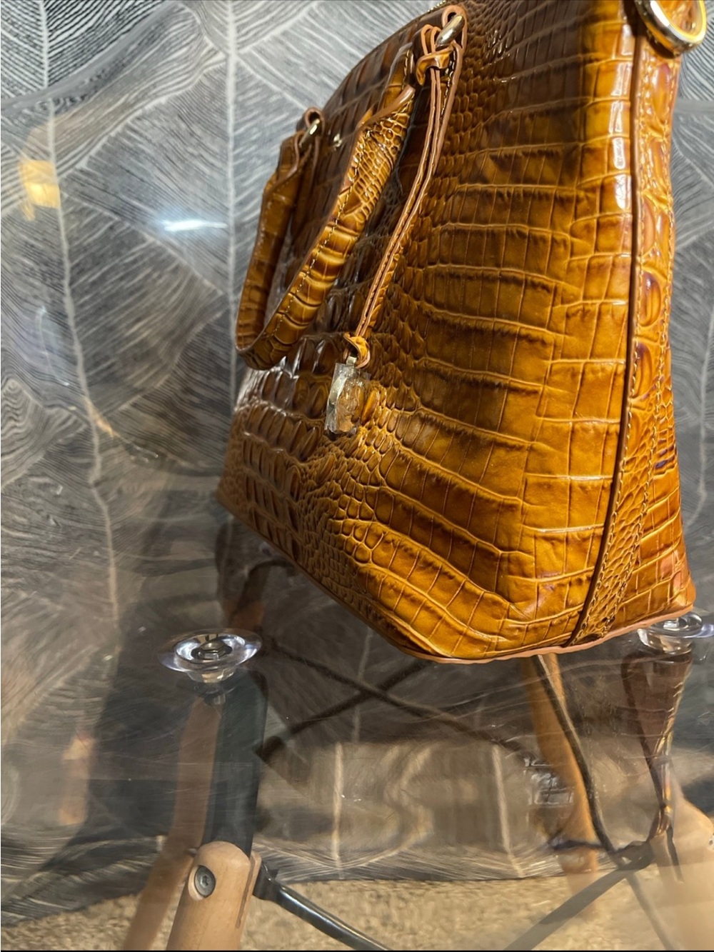 Brahmin Croc-Embossed Satchel - Cognac - Picture 2 of 10